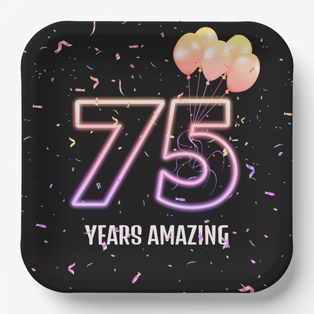 75th Birthday Party Balloons and Confetti Paper Plate (Front)