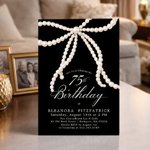 75th Birthday Party Black White Coquette Pearl Bow Invitation