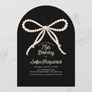 75th Birthday Party Black White Pearl Bow Arch Invitation
