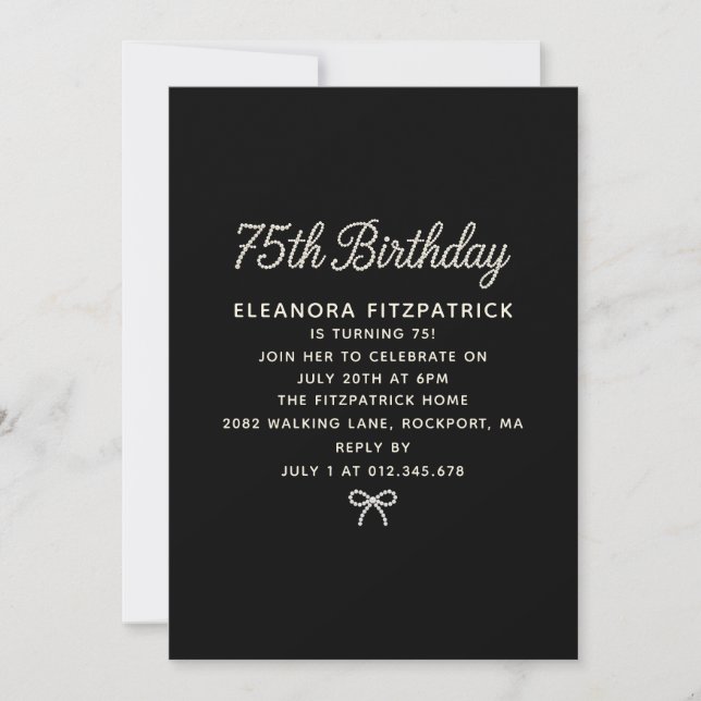 75th Birthday Party Black White Pearl Script Bow Invitation (Front)