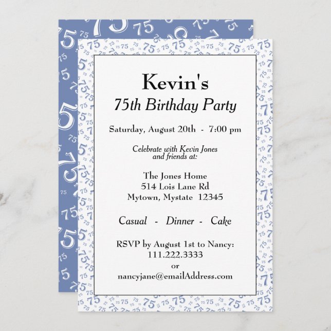 75th Birthday Party Blue and White Number Pattern Invitation (Front/Back)