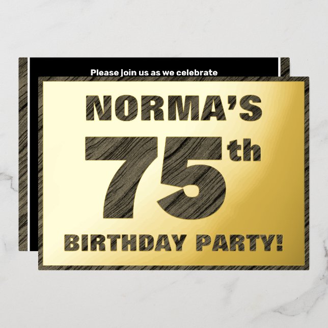 75th Birthday Party — Bold, Faux Wood Grain Text (Front/Back)