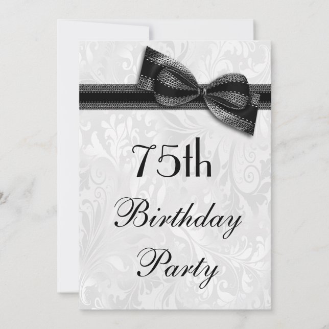 75th Birthday Party Damask and Faux Bow Invitation (Front)