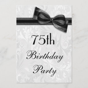 75th Birthday Party Damask and Faux Bow Invitation