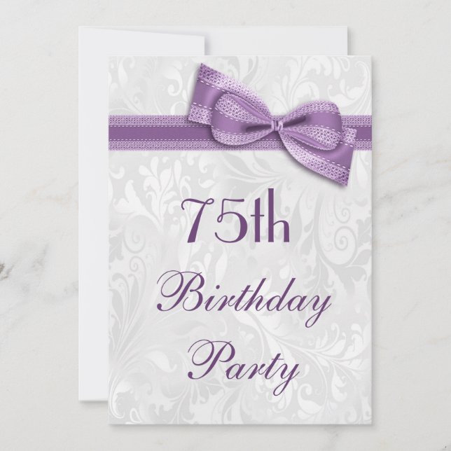 75th Birthday Party Damask and Faux Bow Invitation (Front)