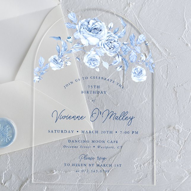 75th Birthday Party Dusty Blue Rose Floral Arch Acrylic Invitations (Creator Uploaded)