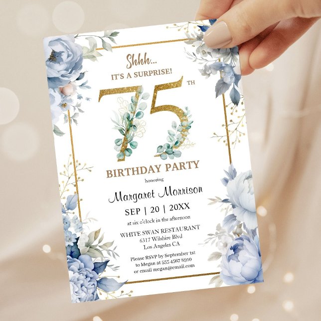 75th Birthday Party Elegant Dusty Blue Floral Invitation (Creator Uploaded)