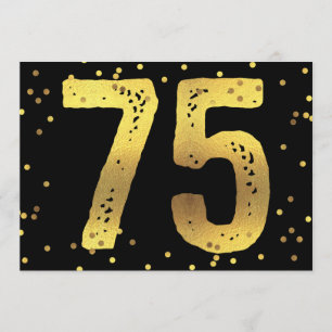 75th Birthday Party Faux Gold Foil Confetti Black Invitation