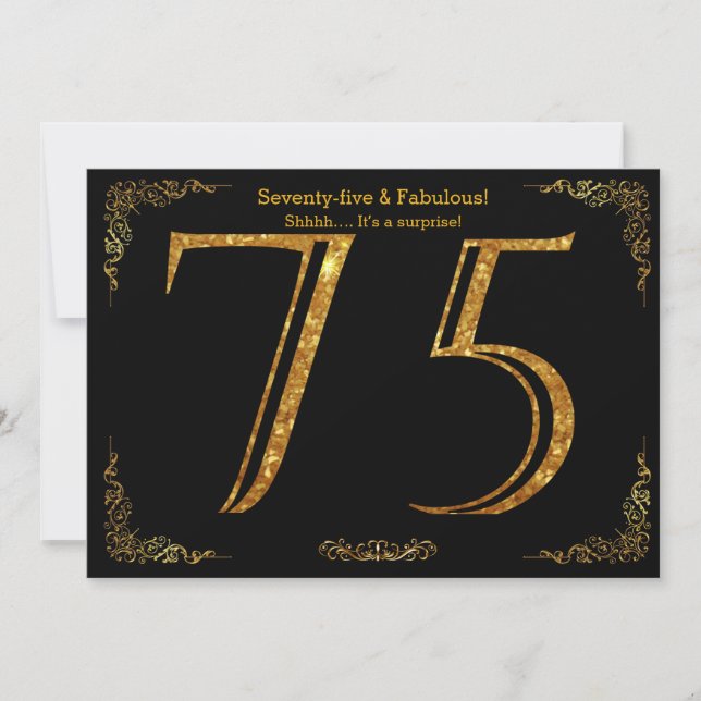 75th Birthday party,Gatsby styl,black gold glitter Invitation (Front)