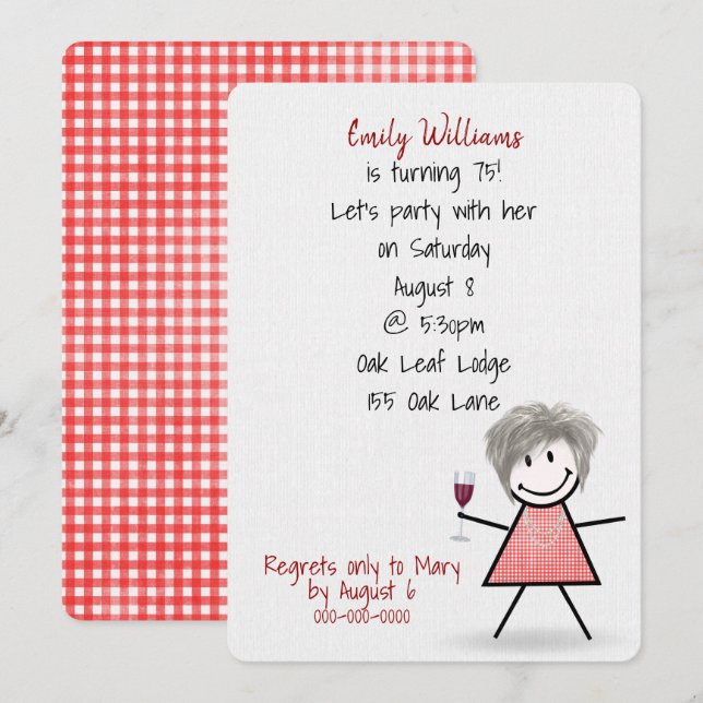 75th Birthday Party Girl with Wine  Invitation (Front/Back)