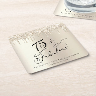 75th Birthday Party Glitter Gold Square Paper Coaster