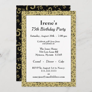 75th Birthday Party Gold and Black Number Pattern Invitation