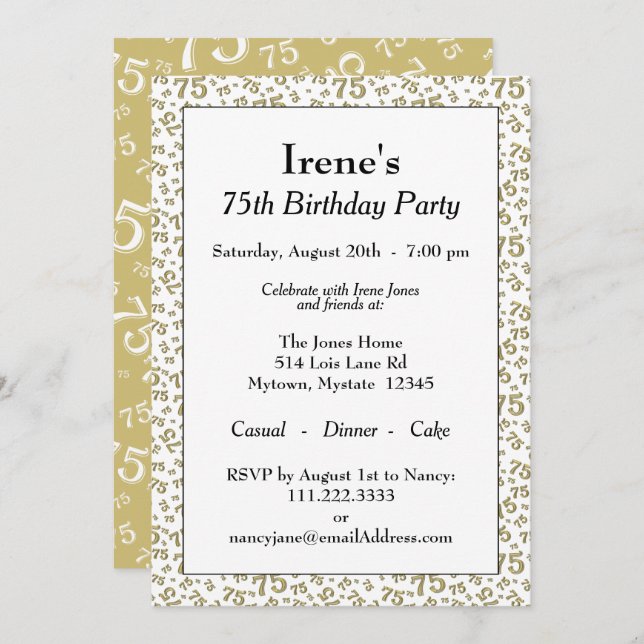 75th Birthday Party Gold and White Number Pattern Invitation (Front/Back)