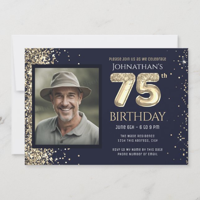 75th Birthday Party Gold Glitter Blue Photo Invitation (Front)