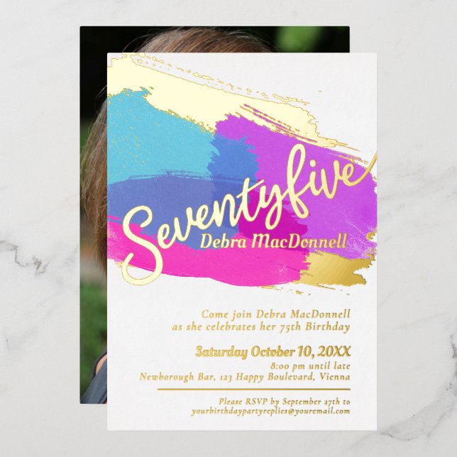 75th Birthday party gold photo bright abstract art (Front/Back)