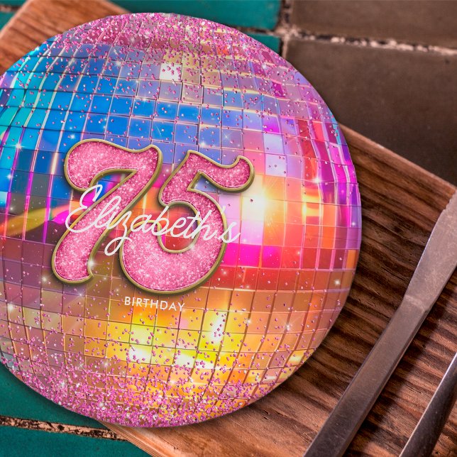 75th Birthday Party Gold Pink Glitter Disco Ball Paper Plate (Creator Uploaded)