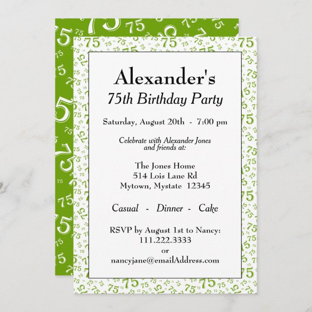 75th Birthday Party Green and White Number Pattern Invitation (Front/Back)