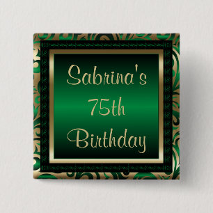 75th Birthday Party Green Metallic & Gold 15 Cm Square Badge