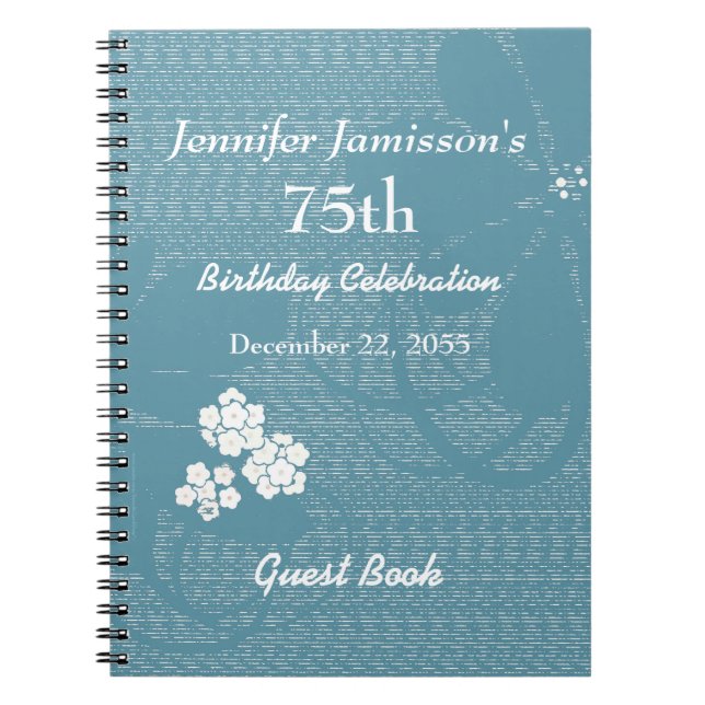 75th Birthday Party Guest Book Blue, White Floral (Front)