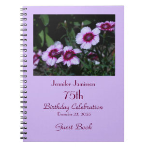 75th Birthday Party Guest Book, Purple Flowers Notebook