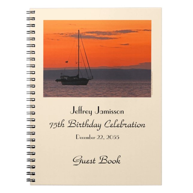 75th Birthday Party Guest Book, Sailboat at Sunset Notebook (Front)