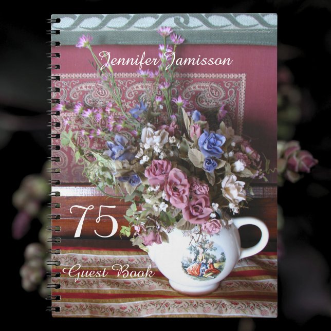 75th Birthday Party Guest Book, Vintage Teapot Notebook (Creator Uploaded)