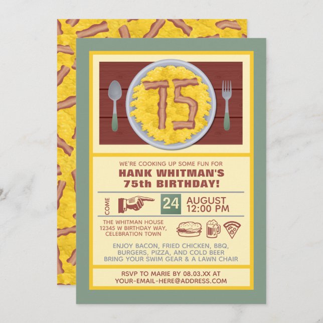 75th Birthday Party Mens Funny Bacon Eggs Theme Invitation (Front/Back)