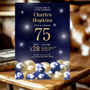 75th Birthday Party Navy Blue Gold Balloons Invitation