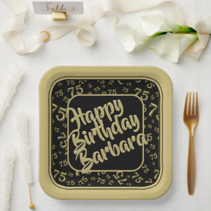 75th Birthday Party Number Pattern Black/Gold Paper Plate