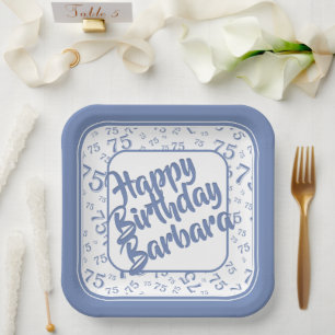 75th Birthday Party Number Pattern Blue White Paper Plate