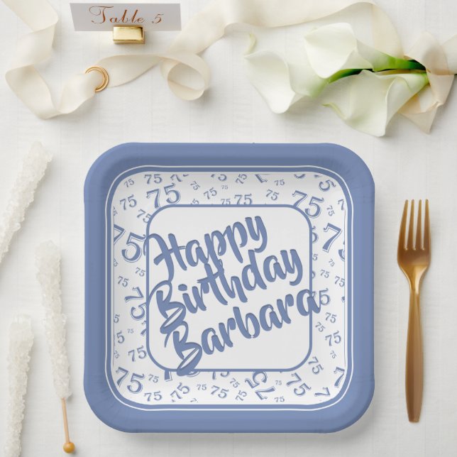 75th Birthday Party Number Pattern Blue White Paper Plate (Wedding)