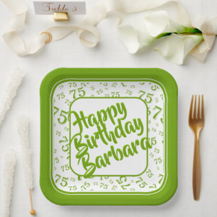 75th Birthday Party Number Pattern Green White Paper Plate