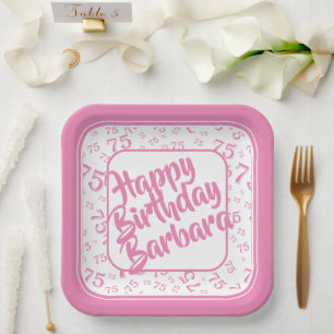 75th Birthday Party Number Pattern Pink White Paper Plate