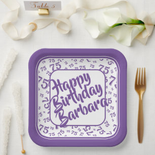 75th Birthday Party Number Pattern Purple White Paper Plate