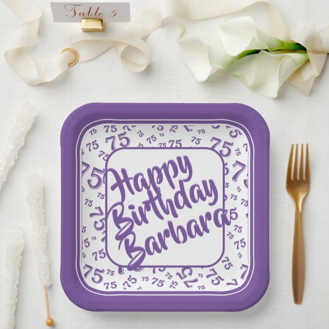 75th Birthday Party Number Pattern Purple/White Paper Plate (Wedding)