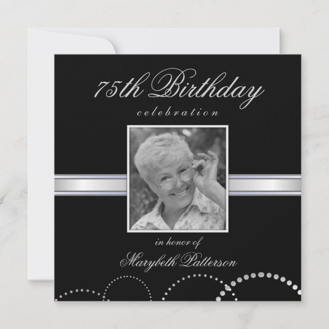 75th Birthday Party Photo Invitations Silver Black (Front)