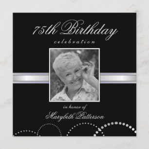 75th Birthday Party Photo Invitations Silver Black