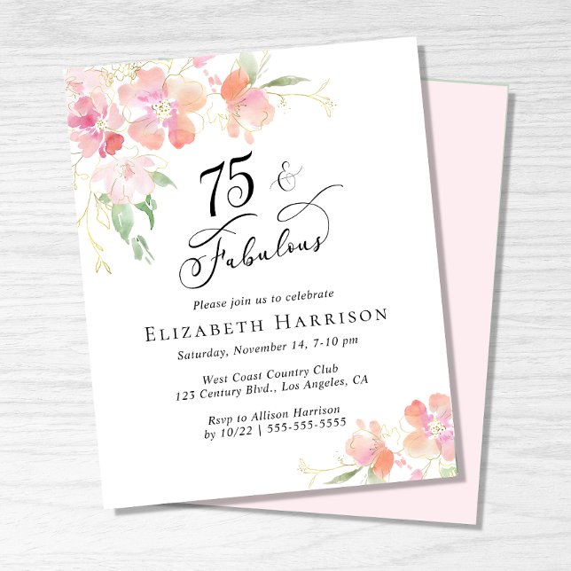 75th Birthday Party Pink Floral Invitation (Creator Uploaded)