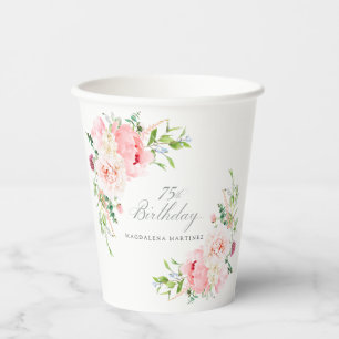 75th Birthday Party Pink Peony Floral Custom Paper Cups