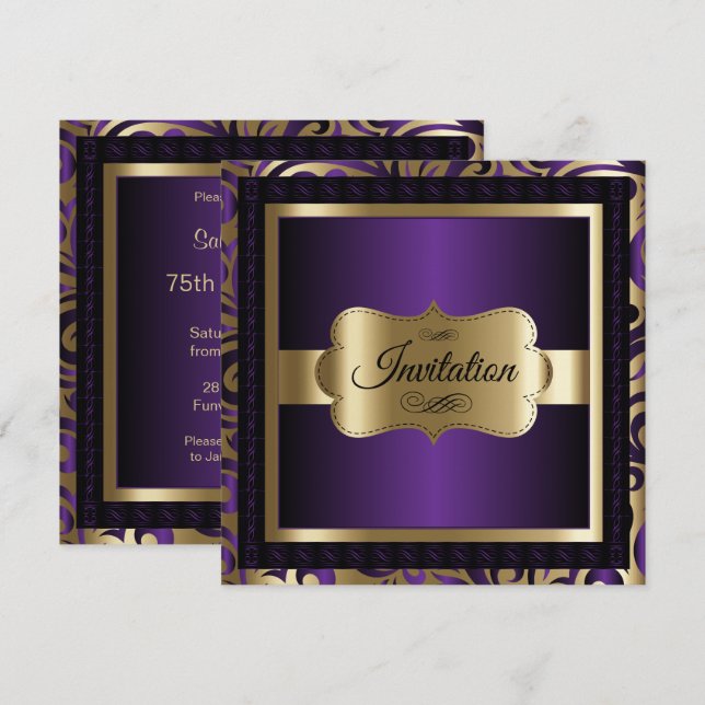 75th Birthday Party Purple and Gold Invitation (Front/Back)