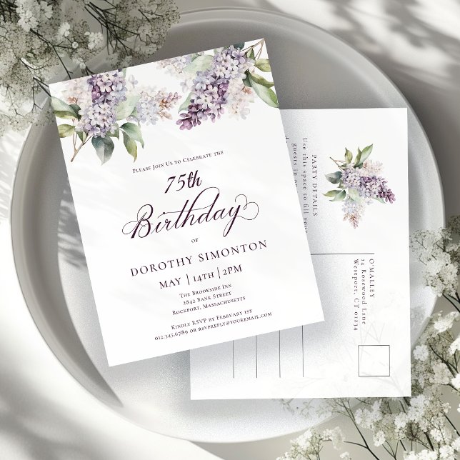 75th Birthday Party Purple Spring Lilac Flower Invitation Postcard (Creator Uploaded)