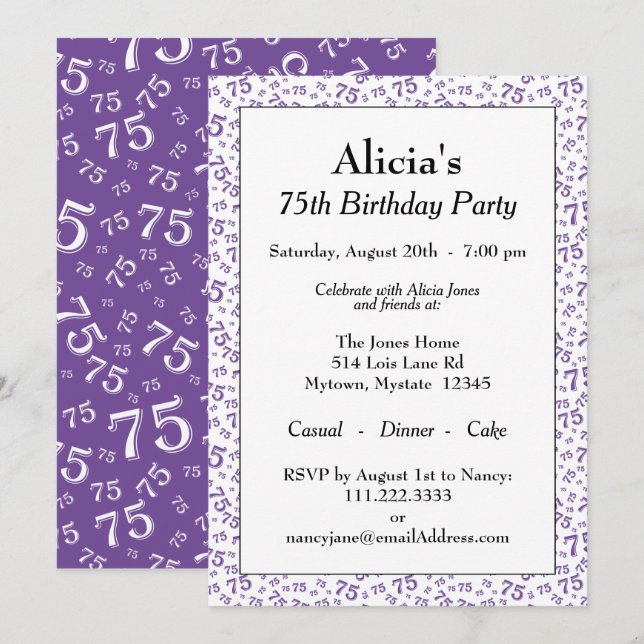 75th Birthday Party Purple/White Number Pattern Invitation (Front/Back)
