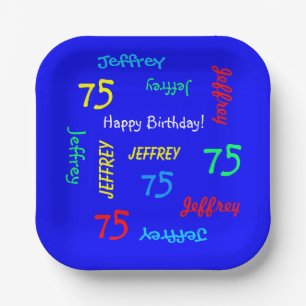 75th Birthday Party Repeat Name Royal Blue Square Paper Plate