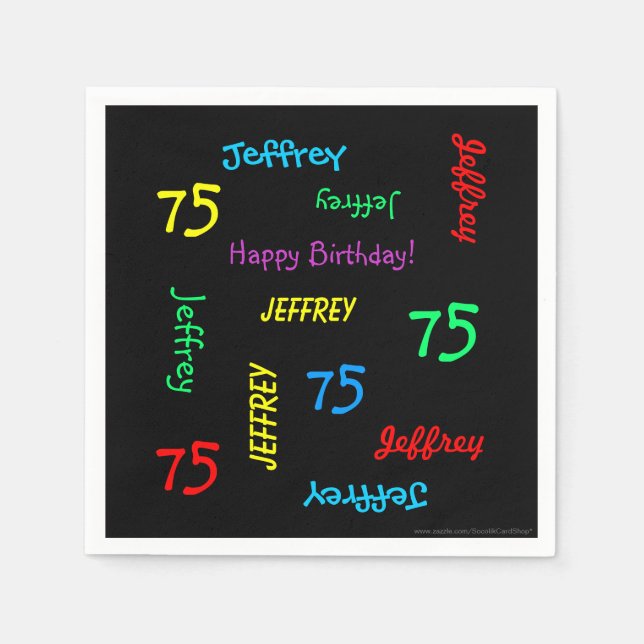 75th Birthday Party Repeating Names Black Paper Napkin (Front)