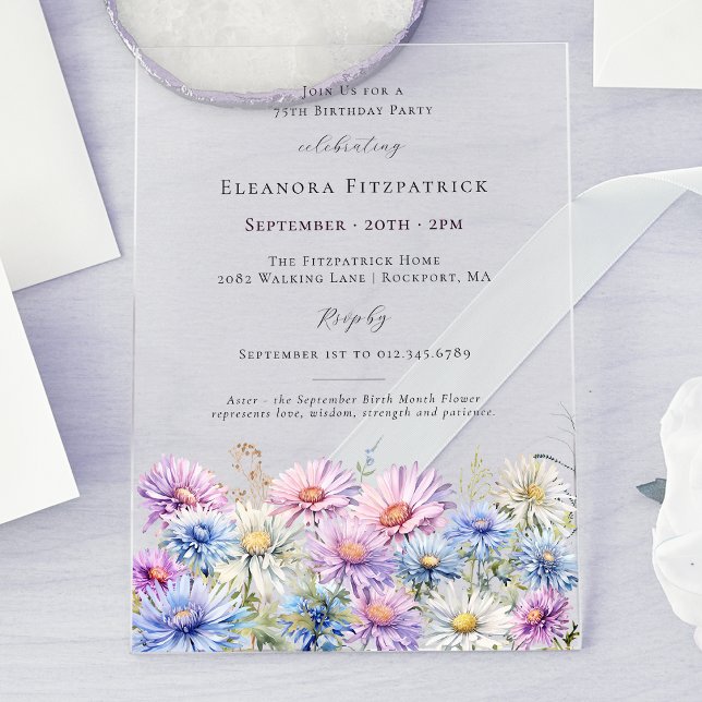 75th Birthday Party September Birth Month Flower  Acrylic Invitations (Creator Uploaded)