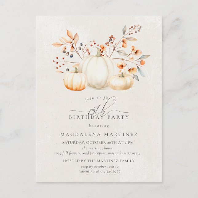 75th Birthday Party White Pumpkin Fall Leaves Invitation Postcard (Front)