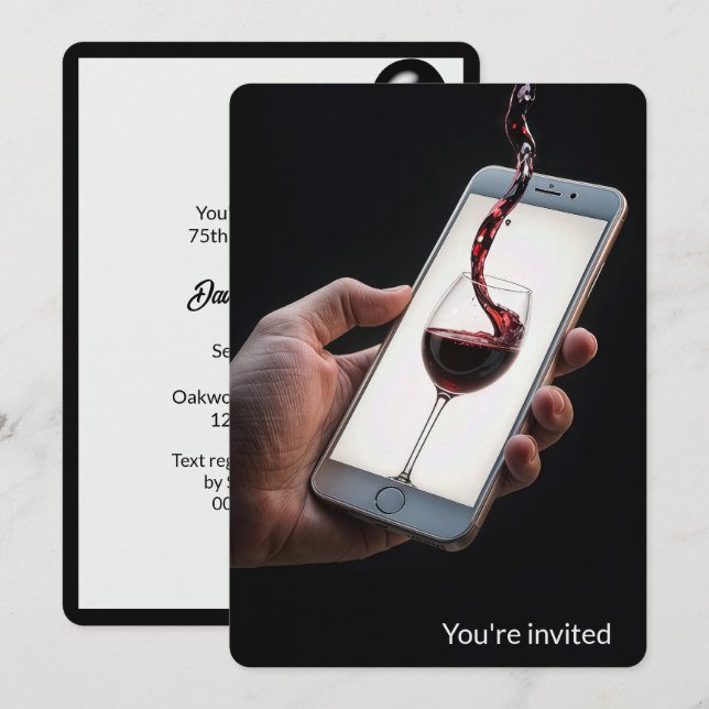 75th Birthday Party Wine On Smartphone Screen Invitation (Front/Back)