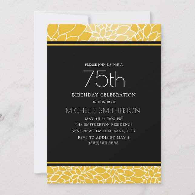 75th Birthday Party Yellow White Black Floral Invitation (Front)