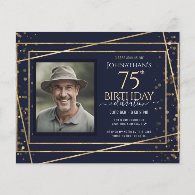 75th Birthday Photo Blue Gold Paper Sheet (Front)
