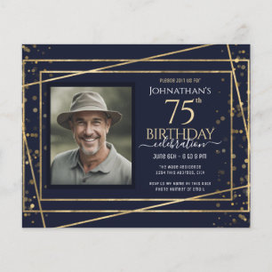 75th Birthday Photo Blue Gold Paper Sheet